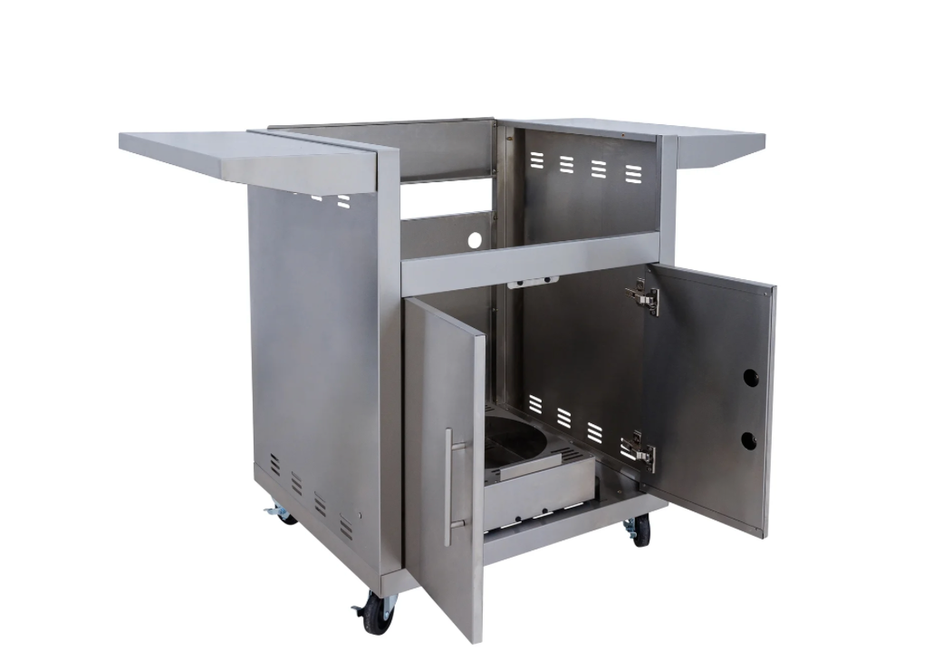 Metal kitchen island with open cabinet doors on a white background