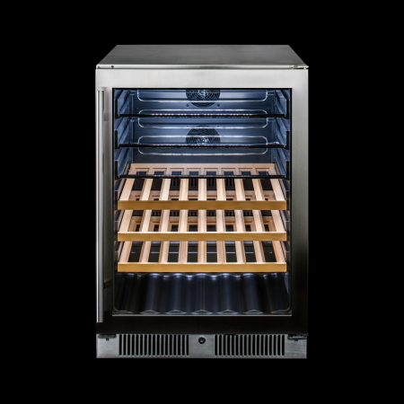 wine fridge with glass or wood shelves