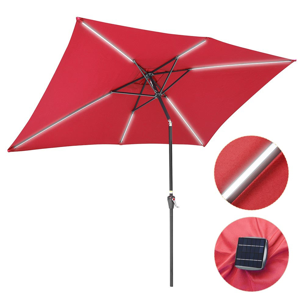 red patio umbrella with lights