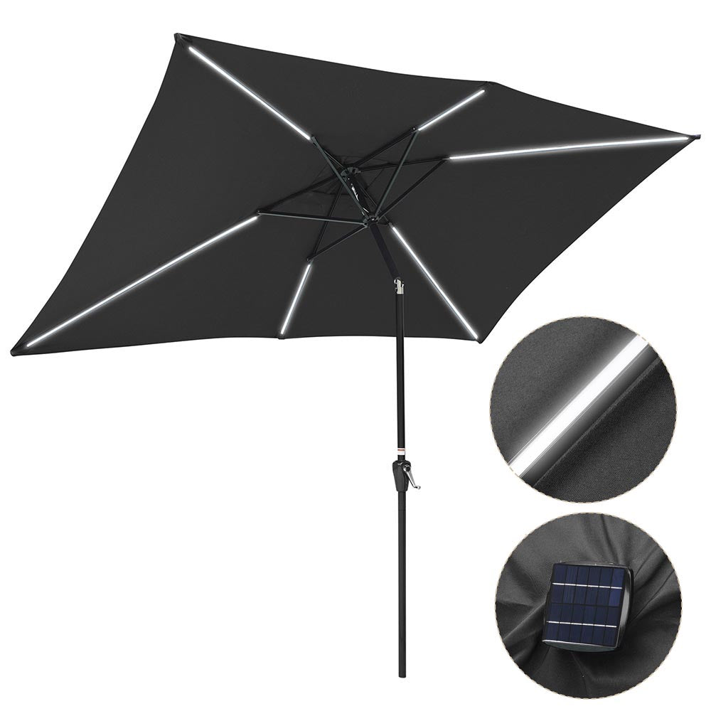 black patio umbrella with lights