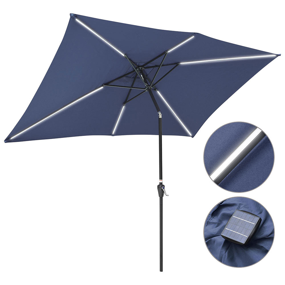 blue patio umbrella with lights