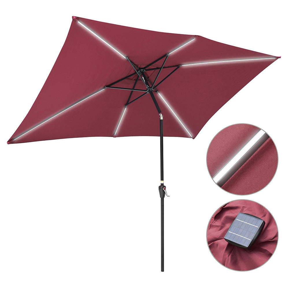 maroon patio umbrella with lights