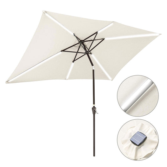 white patio umbrella with lights
