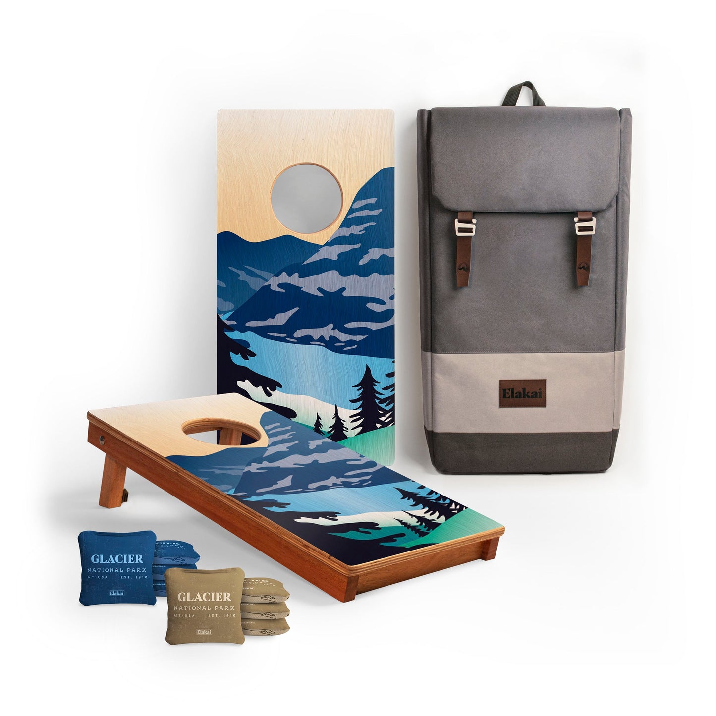 Cornhole board with nature design, backpack, and Glacier National Park cornhole bags 