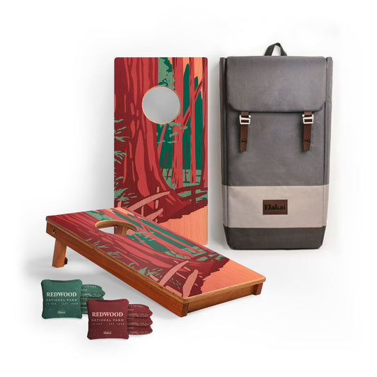 Cornhole boards with Redwood National Park design and bags plus a backpack 