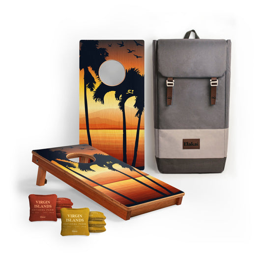 Cornhole board with sunset beach design, backpack, and cornhole bags. Virgin Islands National Park