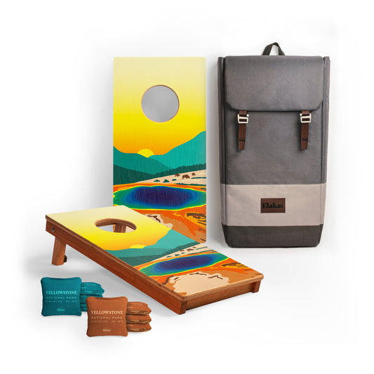 Cornhole boards with colorful design, backpack, and bags. Yellowstone National Park