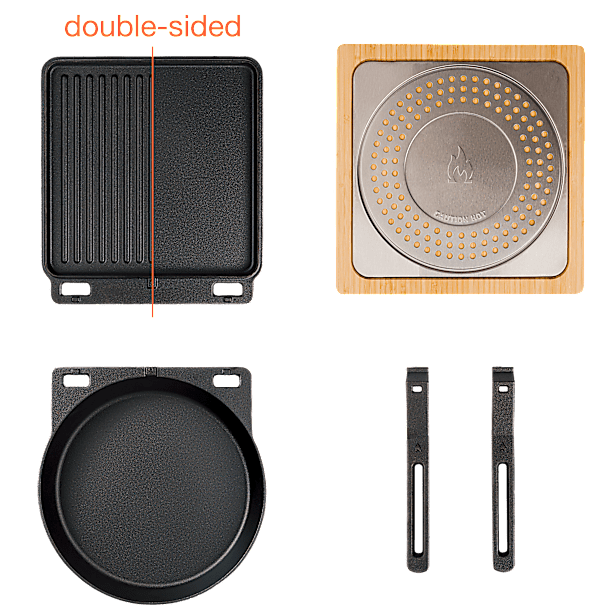 Collection of grill accessories including a double-sided grill pan, ceramic stone, and metal components for a solo stove pizza oven.