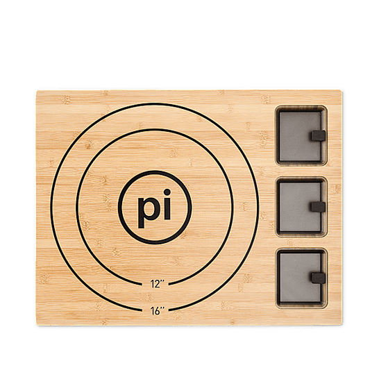 Wooden cutting board with circular measurements and 'pi' logo on a transparent background