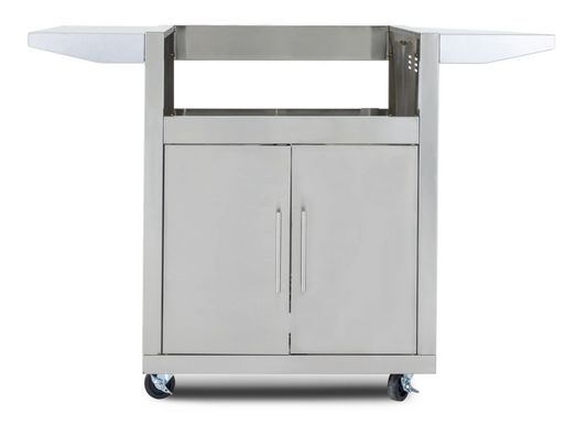 Stainless steel kitchen island cart with cabinets on a white background