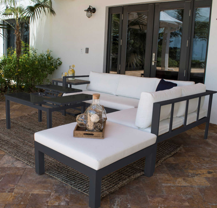 outdoor sofa and table with white cushions